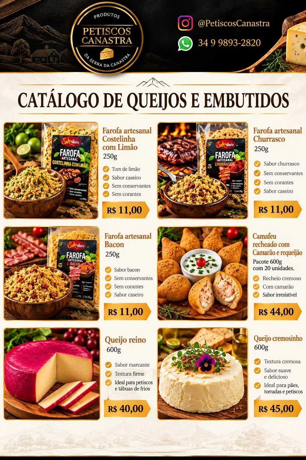 Catálogo de Queijos e Embutidos — farofas, camafeu, reino e cremosinho