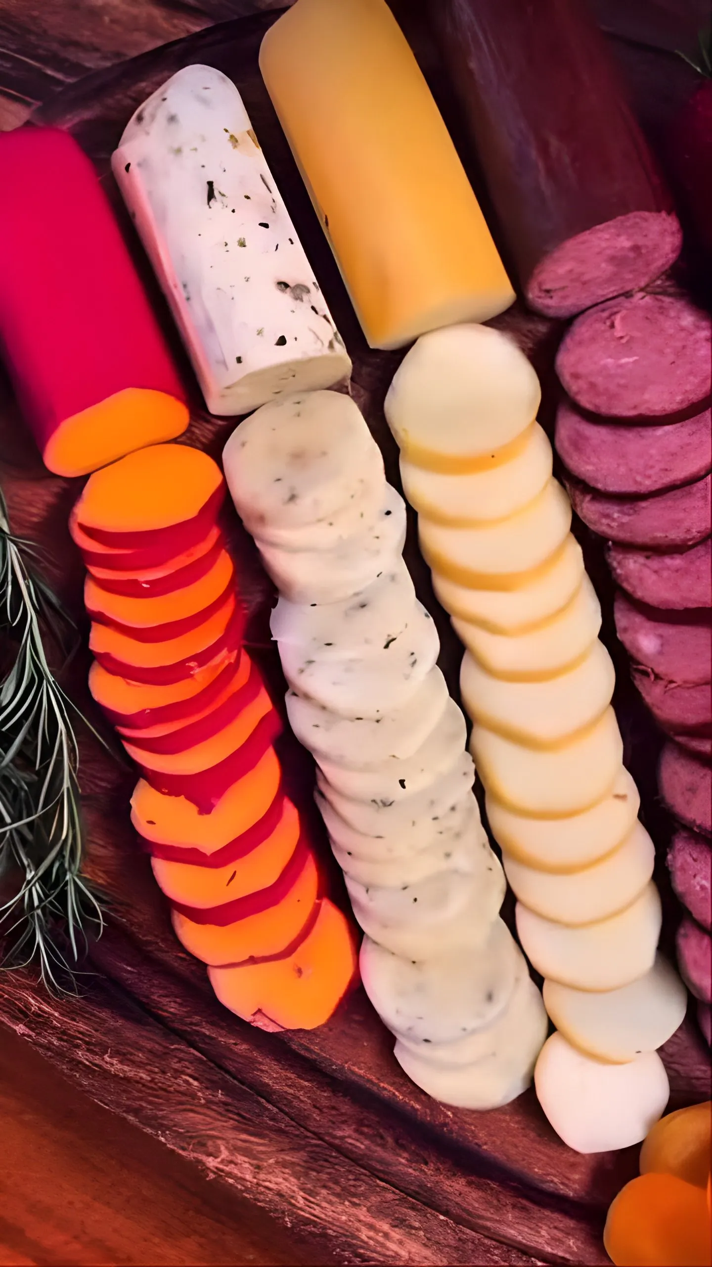 Rolinhos de queijo e salame fatiados