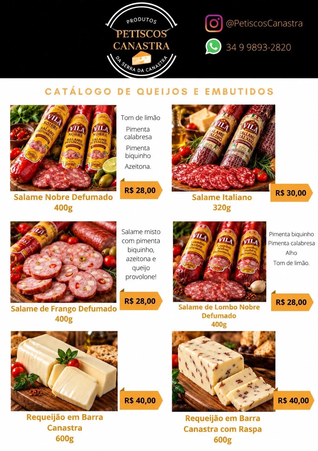 Catálogo de Queijos e Embutidos — salames e requeijão em barra