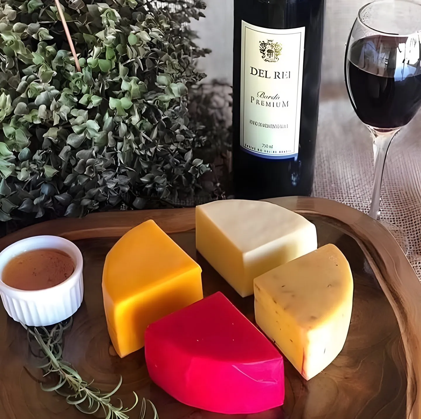 Tábua de queijos com mel e vinho