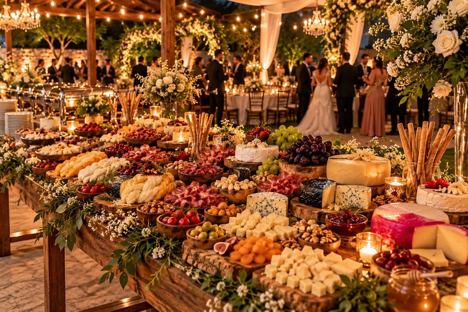 Buffet de queijos e frios montado em um casamento