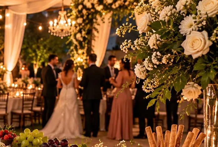 Arranjos de flores e convidados ao fundo do buffet