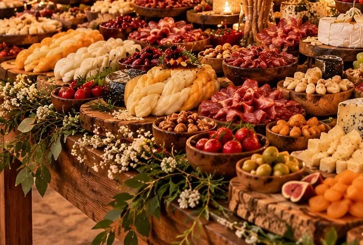 Tranças de queijo e frios no buffet